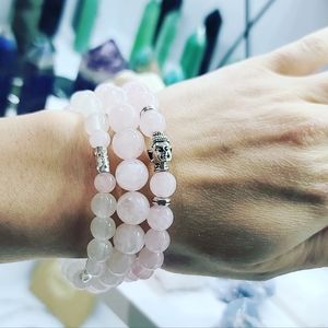 Stack Of 3 bracelets /Rose Quartz, Buddha charm 8 mm, 10 mm